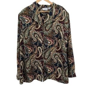 Vtg Alfred Dunner Woman 24W Blouse Paisley Print Button Down Fall Y2K Boho Retro